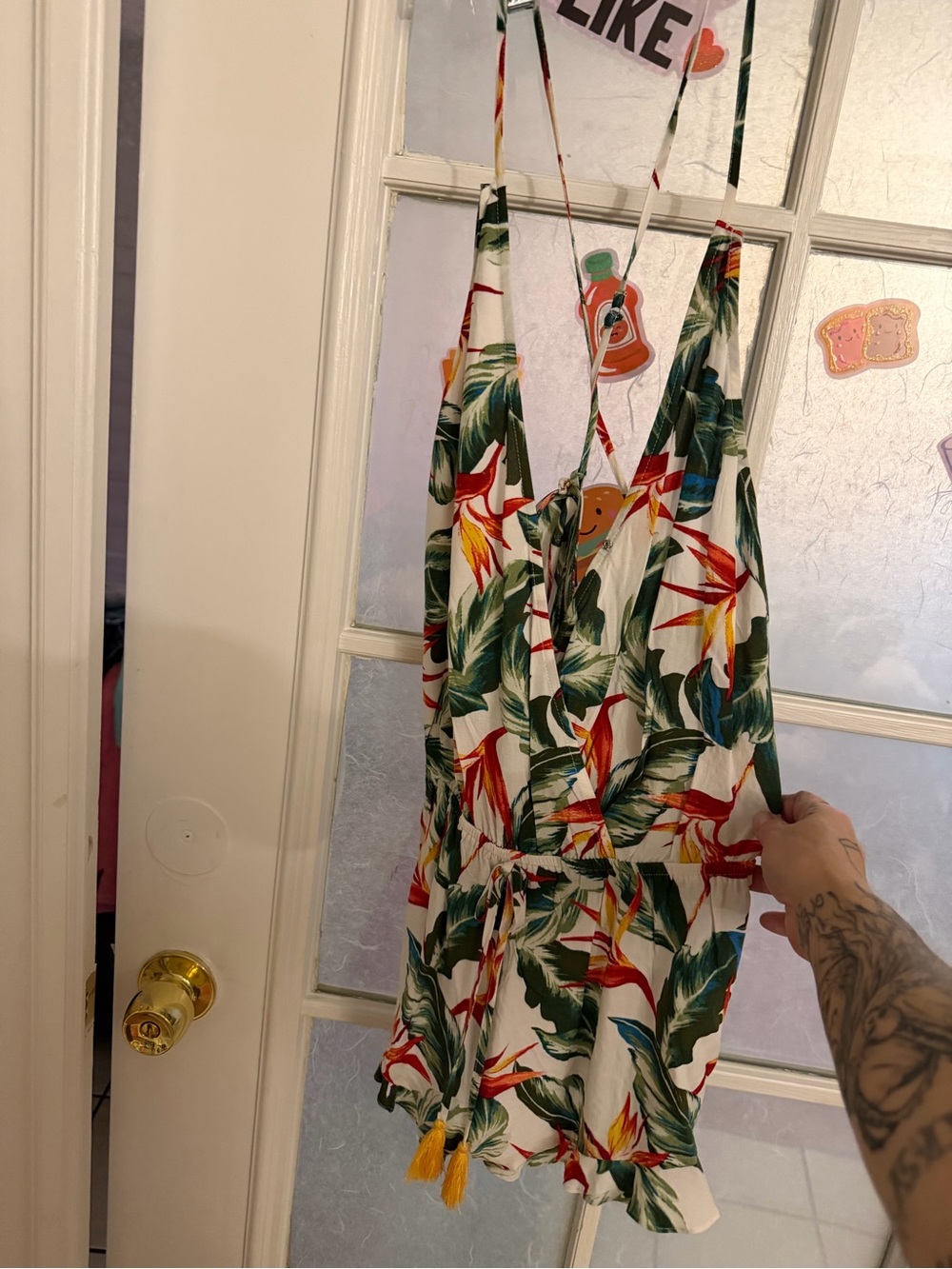 Hollister Tropical Leaf & Bird of Paradise Romper in White, Green, Red, Yellow